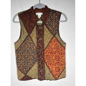Orvis Patchwork Knit Sweater Vest Multi-Color Button Front Women's M Artsy Boho